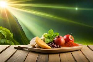 vers fruit en groenten Aan een houten tafel met zonlicht schijnend in de achtergrond. ai-gegenereerd foto