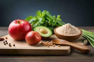 een houten snijdend bord met appels, selderij, en andere ingrediënten. ai-gegenereerd foto