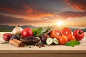 vers fruit en groenten Aan houten tafel met zonsondergang in achtergrond. ai-gegenereerd foto