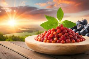 bessen en bosbessen Aan een houten tafel met zonsondergang achtergrond. ai-gegenereerd foto