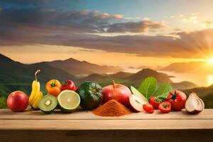 vers fruit en groenten Aan een houten tafel met de zon instelling in de achtergrond. ai-gegenereerd foto