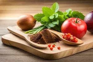 een houten snijdend bord met specerijen en groenten. ai-gegenereerd foto