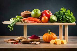 een houten tafel met divers fruit en groenten. ai-gegenereerd foto