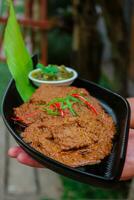 rundvlees rendang is een minang schotel afkomstig van de minangkabau regio in west sumatra, Indonesië. rendang heeft geweest langzaam gekookt en gestoofd in een kokosnoot melk gekruid met een kruid en kruid mengsel foto