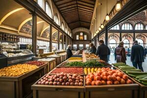 een groot markt met veel van vers produceren. ai-gegenereerd foto