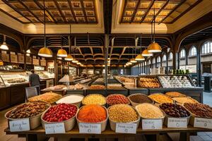 een groot markt met veel van voedsel en specerijen. ai-gegenereerd foto