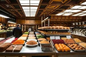 een Mens staand in voorkant van een buffet gevulde met voedsel. ai-gegenereerd foto