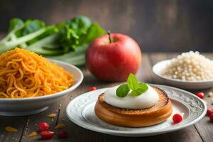 een bord met voedsel Aan het, inclusief een appel, wortels, en een kom van rijst. ai-gegenereerd foto