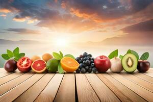 vers fruit Aan houten tafel met zonsondergang in achtergrond. ai-gegenereerd foto