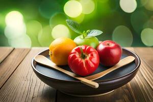 vers fruit en groenten in een kom Aan een houten tafel. ai-gegenereerd foto