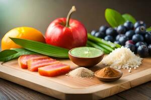 voedingsmiddelen Aan een snijdend bord met fruit en groenten. ai-gegenereerd foto
