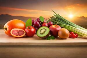 vers fruit en groenten Aan een tafel met zonsondergang in de achtergrond. ai-gegenereerd foto
