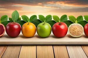 fruit en groenten in een rij Aan een houten tafel. ai-gegenereerd foto