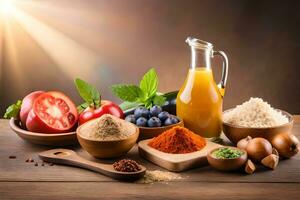 divers ingrediënten voor gezond voedsel Aan houten tafel met zon licht. ai-gegenereerd foto