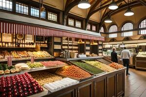 een groot kruidenier op te slaan met veel van vers produceren. ai-gegenereerd foto