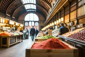 een markt met mensen wandelen in de omgeving van en veel van voedsel. ai-gegenereerd foto