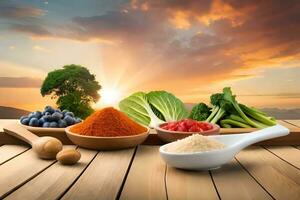 voedingsmiddelen en specerijen Aan houten tafel met zonsondergang achtergrond. ai-gegenereerd foto