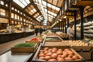 een groot markt met veel van vers produceren. ai-gegenereerd foto