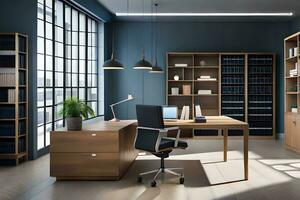 een huis kantoor met een bureau, boekenplank en stoel. ai-gegenereerd foto