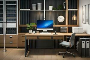 een huis kantoor met een bureau, computer en planken. ai-gegenereerd foto