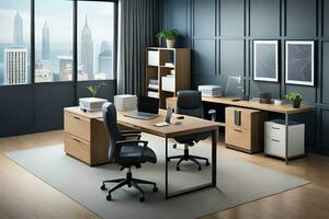 kantoor meubilair in een modern kantoor met een visie van de stad. ai-gegenereerd foto