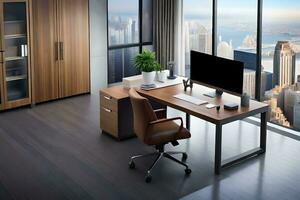 een huis kantoor met een bureau, stoel en een venster. ai-gegenereerd foto