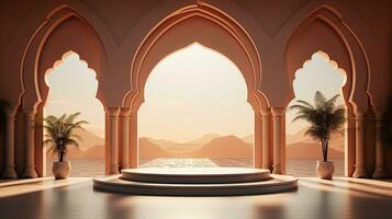 achtergrond voor de Islamitisch vakantie van Ramadan in een minimalistische stijl, met een podium, met zonlicht, in licht beige delicaat tinten en elementen van natuur. ai gegenereerd foto