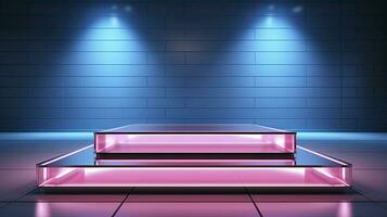 neon podium in helder psychedelisch kleuren met achtergrondverlichting. in y2k stijl. ai generatief foto