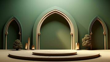 groen podium met beige elementen in Arabisch minimalistische stijl. podium in de stijl van Ramadan, eid mubarak.ai gegenereerd foto