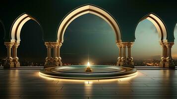 groen podium met beige elementen in Arabisch minimalistische stijl. podium in de stijl van Ramadan, eid mubarak.ai gegenereerd foto