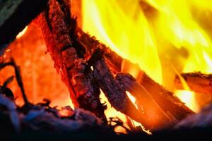 een dichtbij omhoog van een brand met logboeken en hout foto