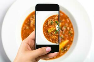 smartphone camera hand- punt schieten foto soep. voedsel fotograaf. gemaakt voor sociaal netwerken.