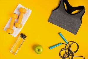 atleten reeks met vrouw kleding, halters en fles van water Aan geel achtergrond foto