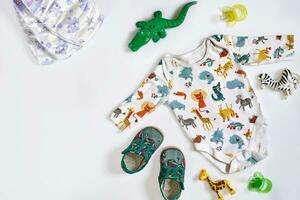 baby zorg accessoires en kleding Aan wit achtergrond, top visie foto