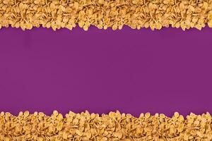 een kader bekleed met maïs vlokken. cornflakes verspreide Aan een Purper achtergrond. kopiëren ruimte foto