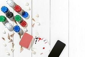 post blog sociaal media poker. banier sjabloon lay-out mockup voor online casino. houten wit tafel, top visie Aan werkplek. foto