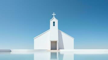 3d renderen van wit kerk Aan blauw lucht achtergrond. religieus concept. generatief ai foto