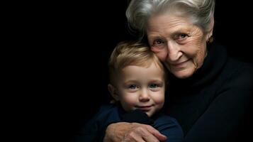 portret van een gelukkig senior vrouw met haar kleinzoon Aan een zwart achtergrond generatief ai foto