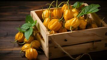 vers geplukt physalis fruit van tuin geplaatst in de dozen. generatief ai foto