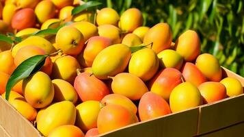 vers geplukt mango fruit van tuin geplaatst in de dozen. generatief ai foto