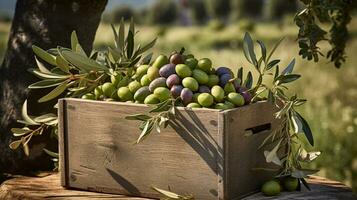 vers geplukt olijf- fruit van tuin geplaatst in de dozen. generatief ai foto