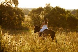 jonge vrouw op een bruin paard foto