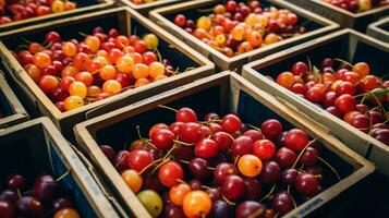 vers geplukt enau fruit van tuin geplaatst in de dozen. generatief ai foto