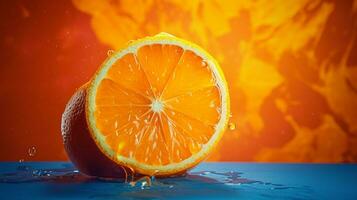 foto van mandarijn fruit voor de helft tegen een kleurrijk abstract achtergrond. generatief ai
