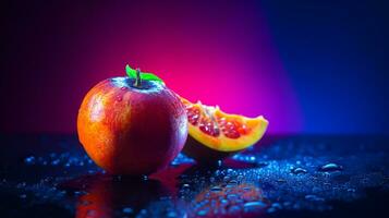 foto van mangaba fruit voor de helft tegen een kleurrijk abstract achtergrond. generatief ai