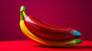 foto van rood banaan fruit voor de helft tegen een kleurrijk abstract achtergrond. generatief ai