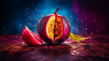 foto van Pitomba fruit voor de helft tegen een kleurrijk abstract achtergrond. generatief ai