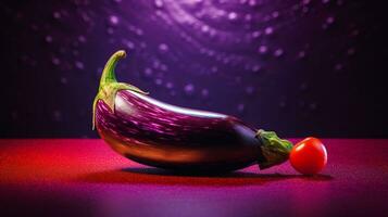 foto van aubergine fruit voor de helft tegen een kleurrijk abstract achtergrond. generatief ai