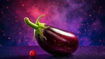 foto van aubergine fruit voor de helft tegen een kleurrijk abstract achtergrond. generatief ai