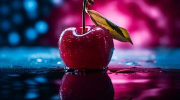 foto van kers fruit voor de helft tegen een kleurrijk abstract achtergrond. generatief ai